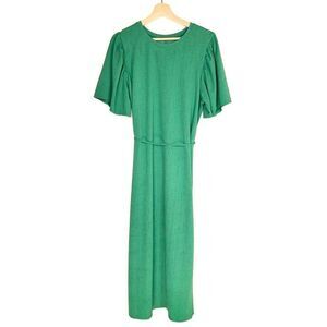 ZARA Flutter Sleeve Belted A Line Midi Dress Womens Medium Kelly Green Textured